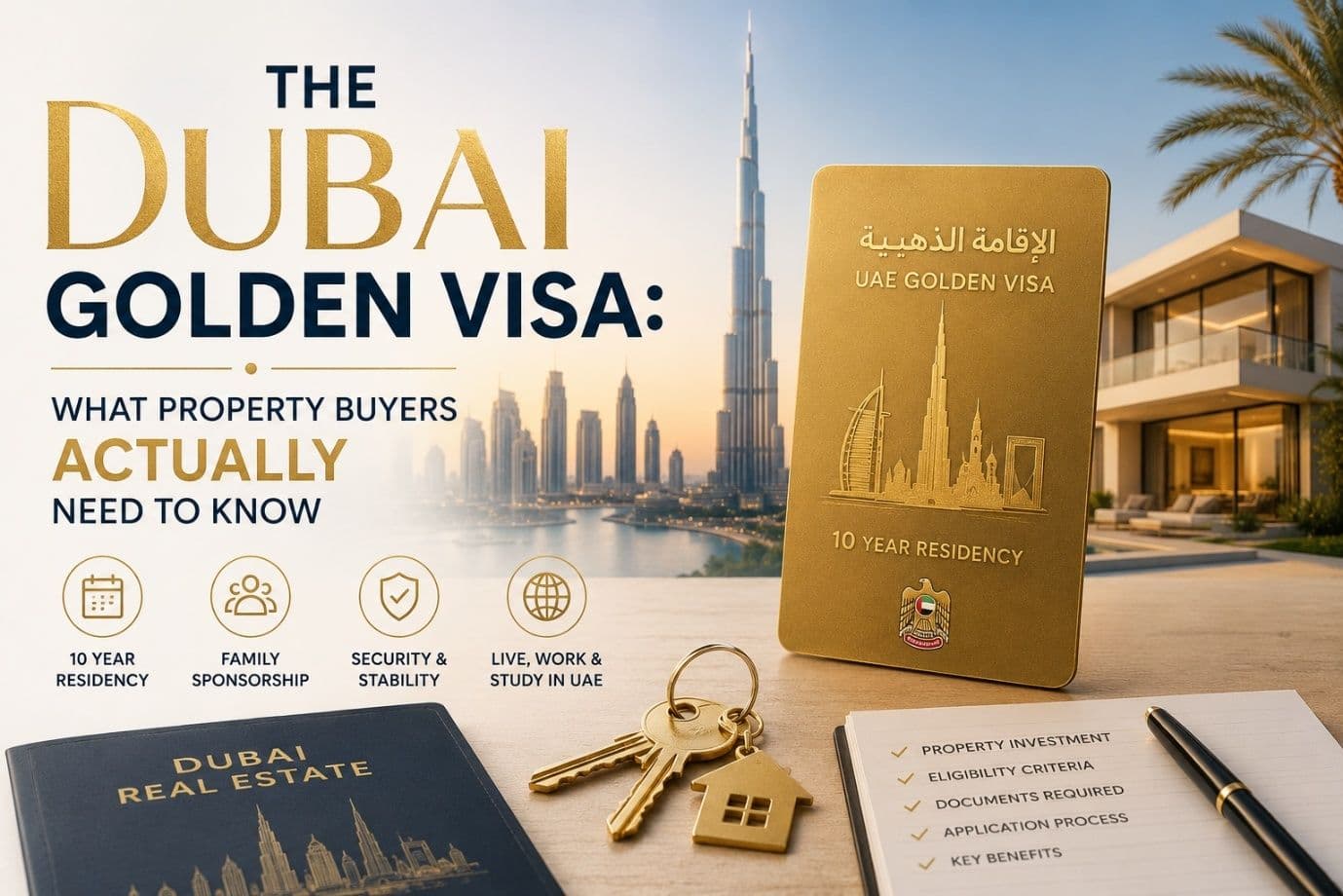 The Dubai Golden Visa — Burj Khalifa skyline, a gold UAE 10-year residency card, house keys and a Dubai real estate guide.
